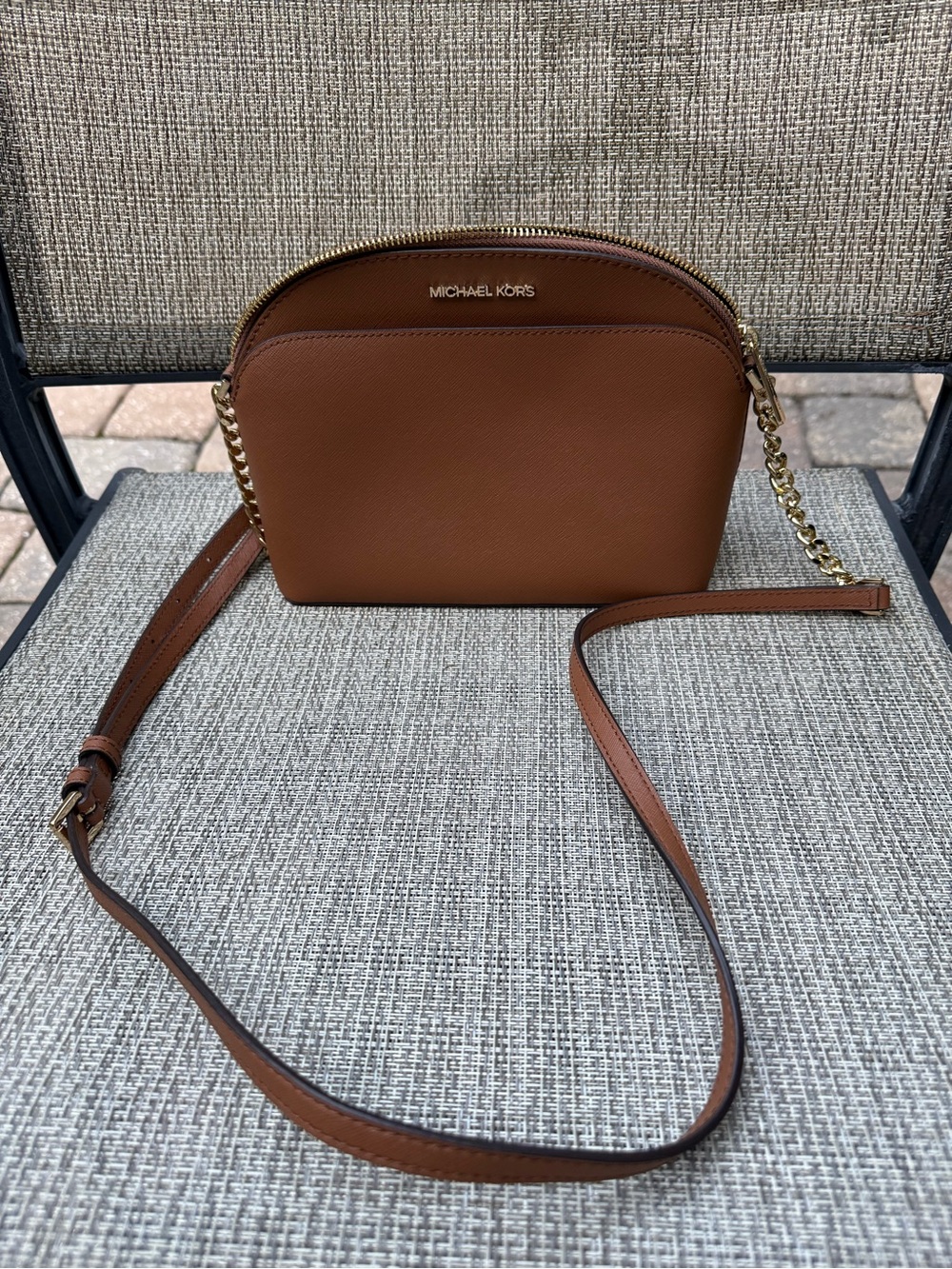 Michael Kors Tan Saffiano Leather Dome Crossbody with Gold Chain